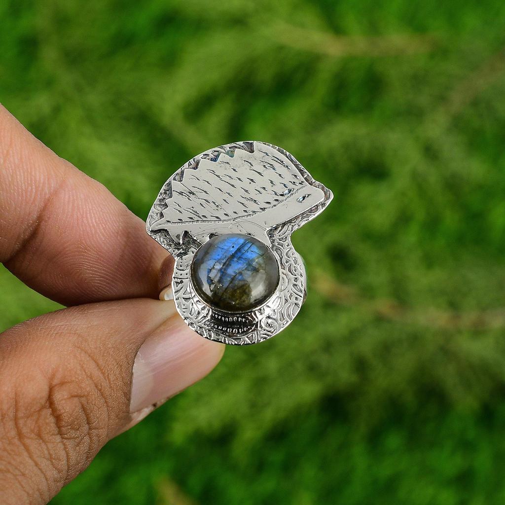 Natural Labradorite Gemstone Solitaire Adjustable Ring 925 Sterling Silver