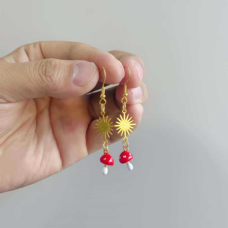 Bohemian Gold Sun and Mushroom Earrings
