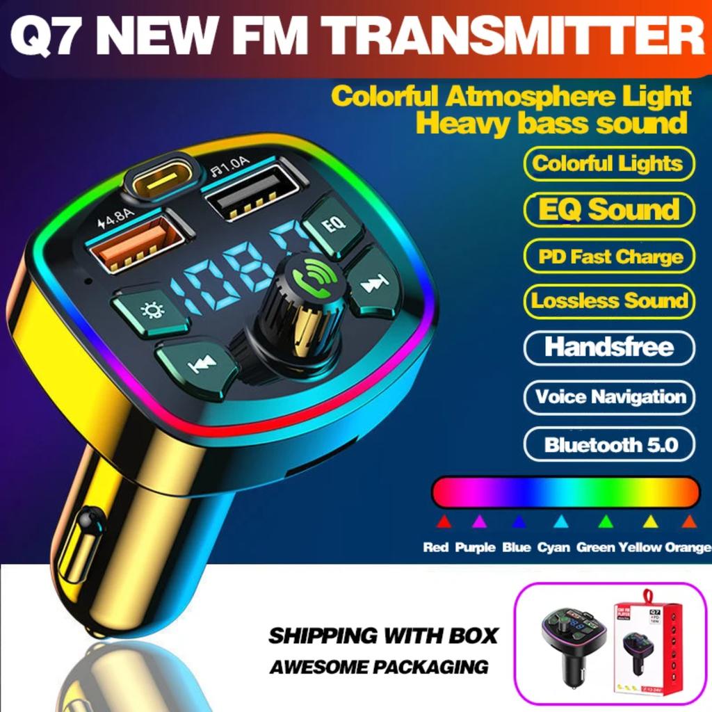 Car Bluetooth 5.0 Charger FM Transmitter PD 18W Type-C Dual USB 3.1A Colorful Ambient Light  Socket MP3 Music Player