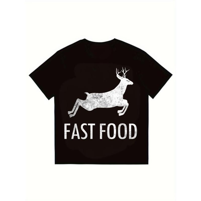 His-and-hers matching Black T Shirt Fast Food Deer Print Casual Streetwear Fashion Top for Men and Women