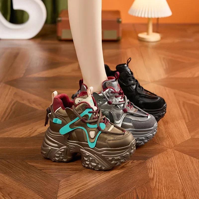 Fashion 9CM Microfiber Leather Women Chunky Sneakers Platform Wedge Loafer Flats Winter Autumn Warm Vulcanize Loafer Mixed Color Shoes