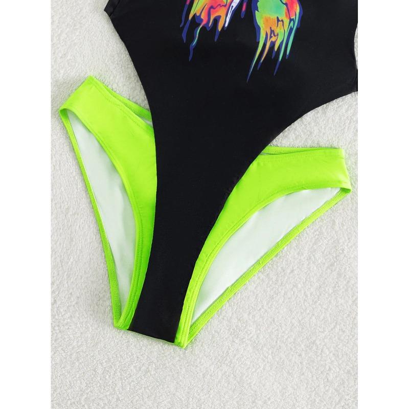 High Cut One Piece Swimsuit Women Summer Neon Patchwork Backless 1 Onepiece Swimwear Swimming Suit For Women Bathing Suit