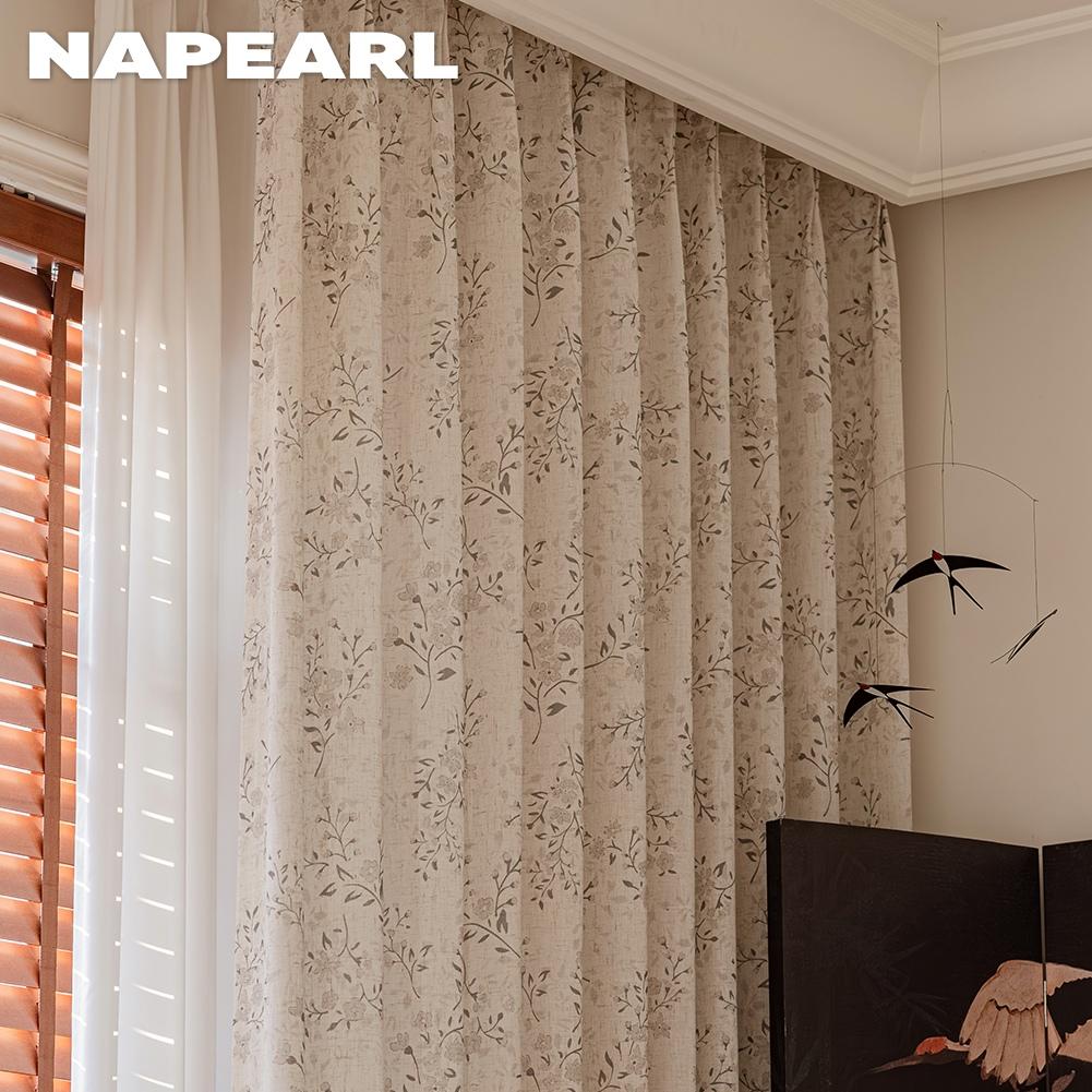 1 Stück NAPEARL Leinenstruktur Kleine Blume Halbtransparent Vorhang Beige Rankenblume Bodenlange Vorhänge für Schlafzimmer Wohnzimmer Heimdekoration