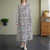 Vintage Literary Style Striped Printed Round Neck Long Sleeve Tie Dress