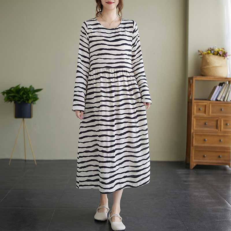 Vintage Literary Style Striped Printed Round Neck Long Sleeve Tie Dress