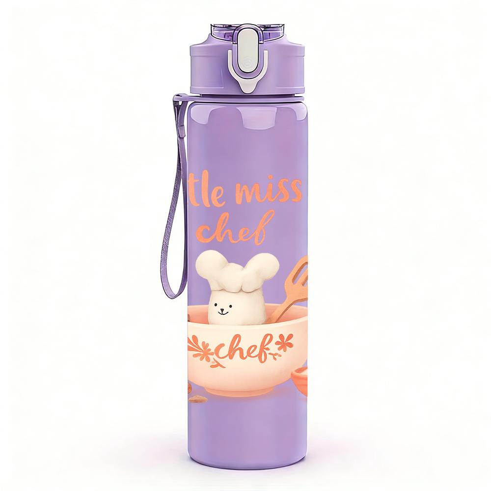 1PC Little Miss Chef Letter Graphic 750ml Color Plastic Sports Water Bottle Leakproof Flip Straw Lid For Sports Office Home Use