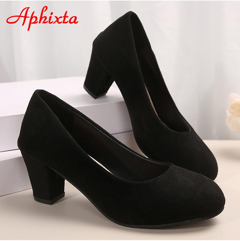 Fashion Aphixta Blue Leapard Red Round Toe 6cm High Chunky High Heels Flock Pumps Women Hot Sale Party Disco Dance Big Size 35-42