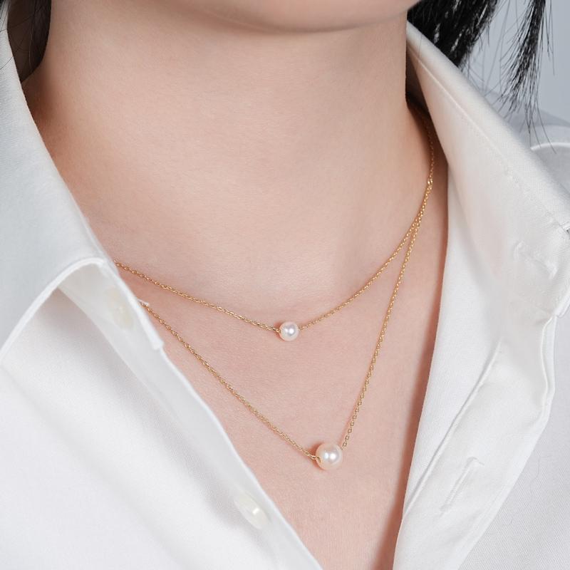 IOGOU 100% 925 Sterling Silver 5.5-6mm&8-8.5mm Round Natural Freshwater Pearl Double Layer Necklace for Women Wedding Jewelry