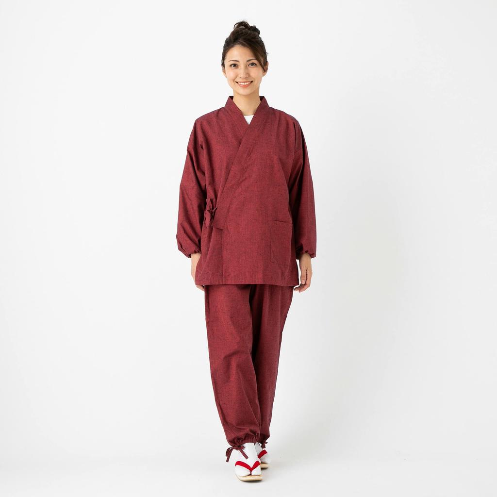 Women's Samue (traditional Japanese workwear), Kurume Tsumugi silk weave (L, burgundy)