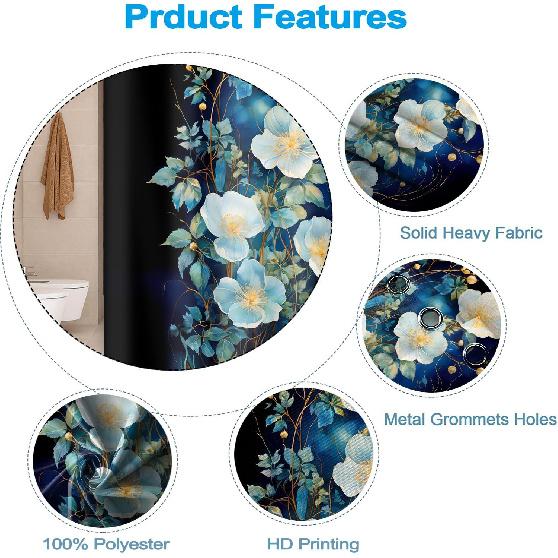 Flowers Shower Curtain for Bathroom White Teal Blue Floral Leaves Shower Curtain Set with Hooks Abstract Black Bathtub Decor Waterproof Fabric