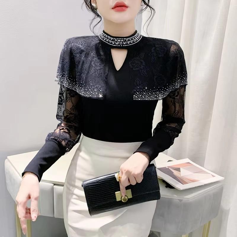 New Spring Autumn European Women Fashion Shiny Hot Diamonds Bling Mesh T-Shirt Chic Sexy Lace Long Sleeve Black Tops Streetwear Girl Tees