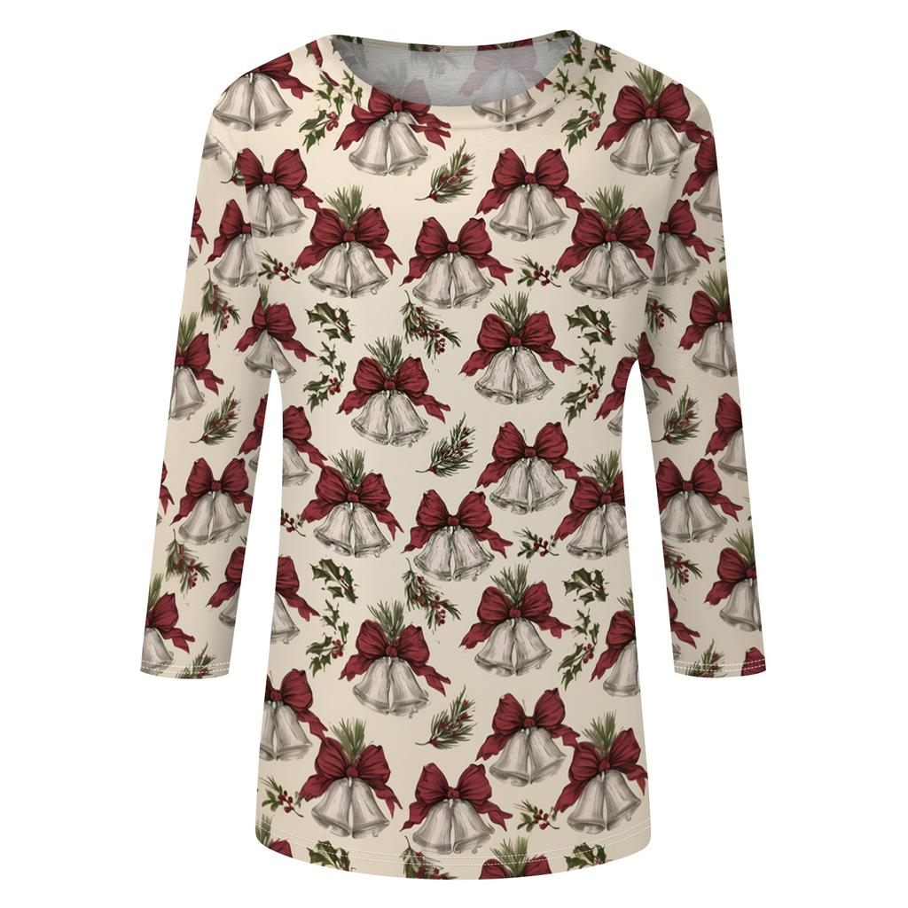 Women's Casual Christmas Printed Three-Quarter Sleeve Neck T-Shirt Tee Top