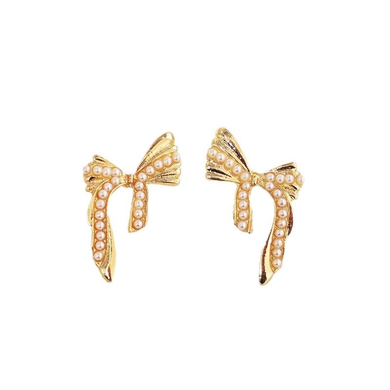 Gold Color Irregular Bowknot Stud Earrings for Women Imitation Pearl Beads Curved Metal Twisted Unusual Small Earrings 2026 New