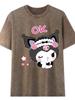 Women's Retro Washed Black Cotton T-Shirt - Distressed Letter Print, Short Sleeve, Loose Fit, Casual Summer Top