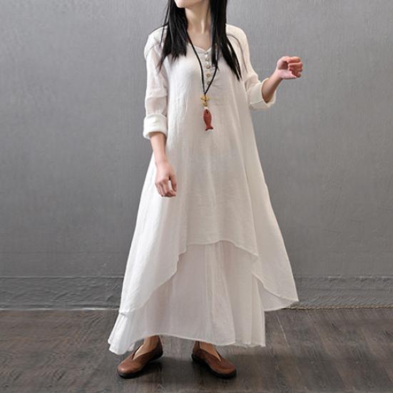 Women Fashion Autumn Casual Rayon Linen Long Sleeve Maxi Dress Kaftan