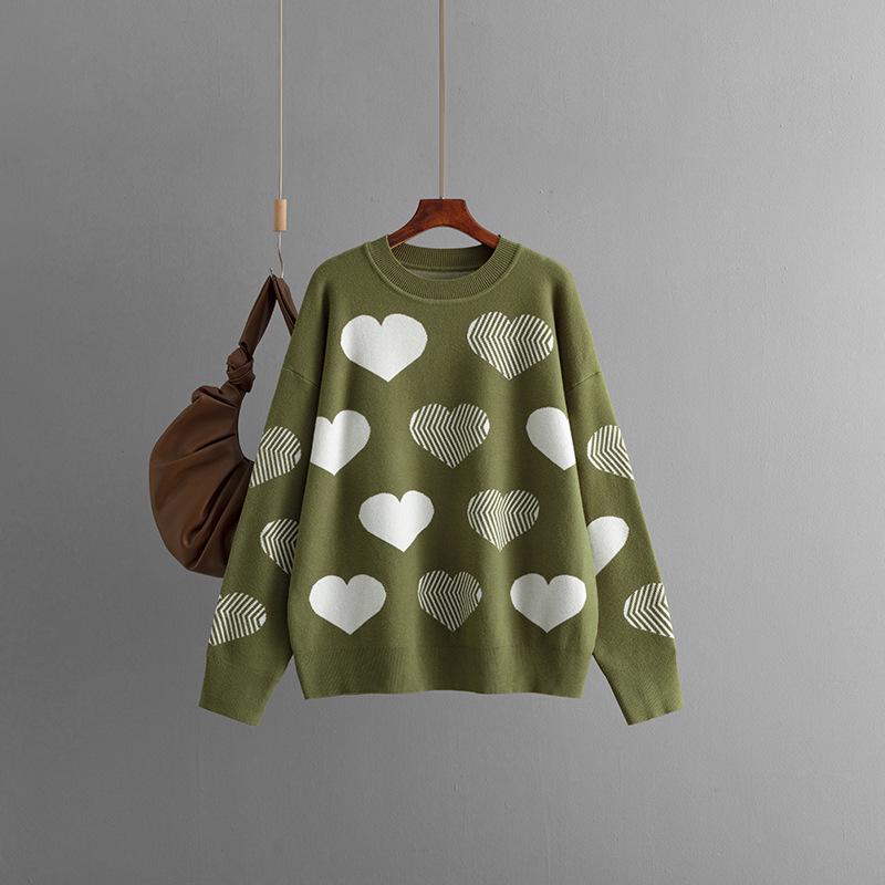 2024 Autumn/Winter Heart Jacquard Plus Size Loose Knit Pullover Sweater for Women