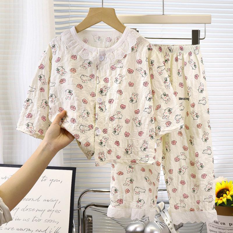 

Summer Floral Lace Cotton Pajama Set for Girls: Nine-Sleeve Korean Style Air Conditioning Homewear 80 cm