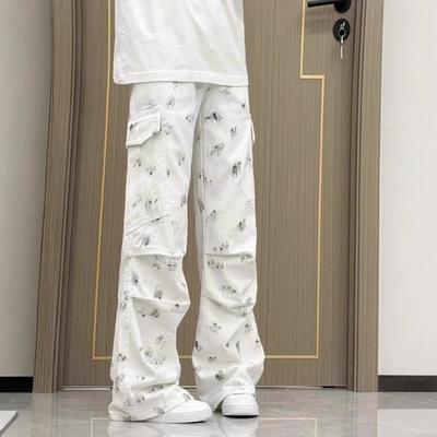 Ink-splashed Pleated Tooling Jeans Men's Washed Loose Straight Logging Pants