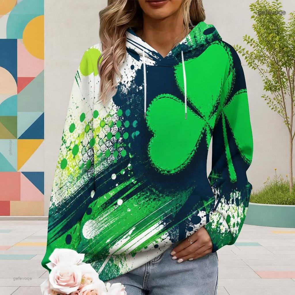 Women Plus Size Long Sleeve Dark Green Clover Printed Drawstring Hoodie Kangaroo Pocket Pullover