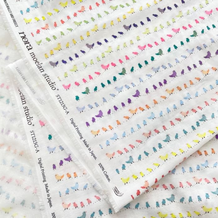 Chick and Bird Print Double Gauze Fabric for Babies and Size 22B x nora. ST1213-G-A Kids, Cotton, White, Pre-Cut, (110cm 100cm)
