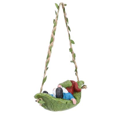 Garden Gnome On Leaf Hammock Statue Cute Resin Swinging Outdoor Yard Decor Fairy Garden Ornament