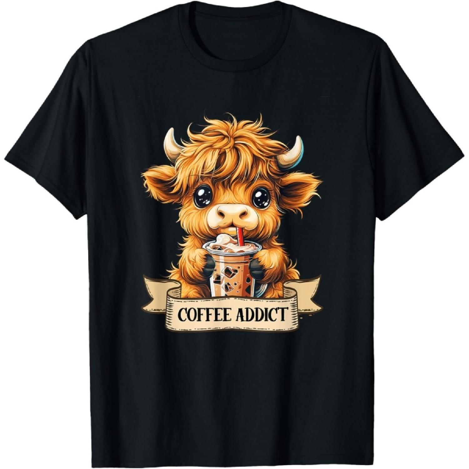 Cute Highland Cow Coffee Addict Funny Drink Coffee Cowgirl T-Shirt S