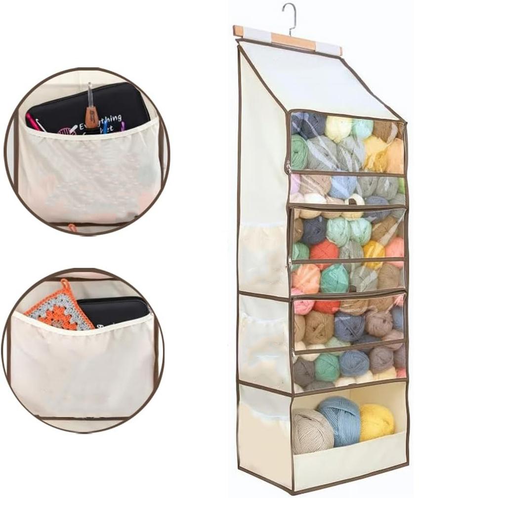 Storage Bag – Large Capacity Hanging Yarn Storage Organizer With 4 Clear Zipper Closure Compartments Pockets & 3 Side Crochet/Knitting Needles Pockets