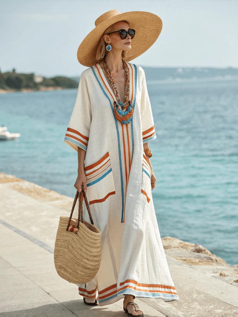 3D digital printing V-neck five-quarter sleeve long pocket Kaftan dress