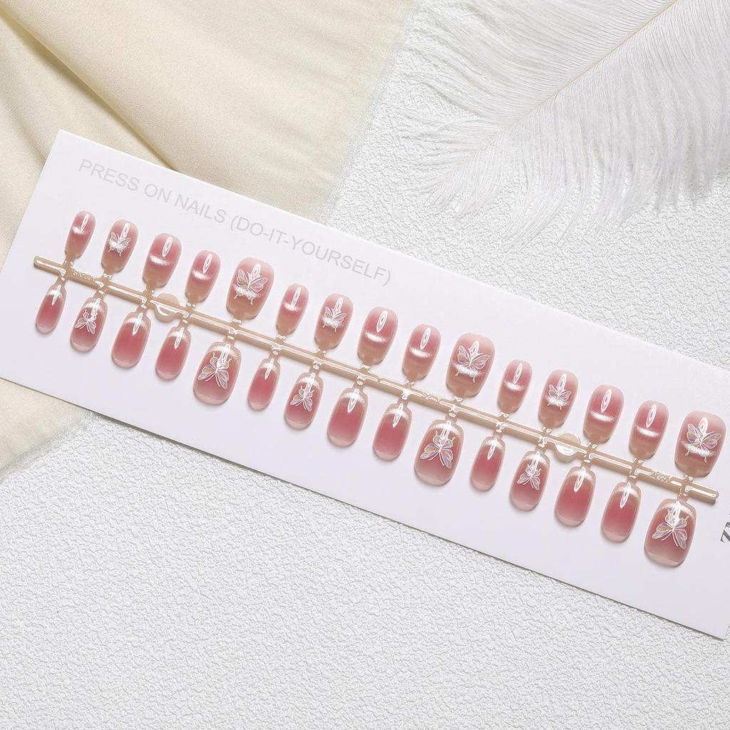 Nail Art Gilded Cat's Eye Blush Tips - 30-Piece Set, Handmade & Ready-to-Wear In XS/S/M