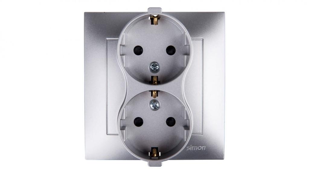 Simon 54 Double Socket Schuko Z/U 16A Ip20 With Track Shutter Matt Silver Dgsz2Z/43