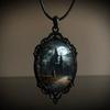 Gothic Black Oval Bat Castle Crow Cross Cemetery Vampire Pendant Leather Rope Necklace for Women Men Hallowmas Jewelry Gift