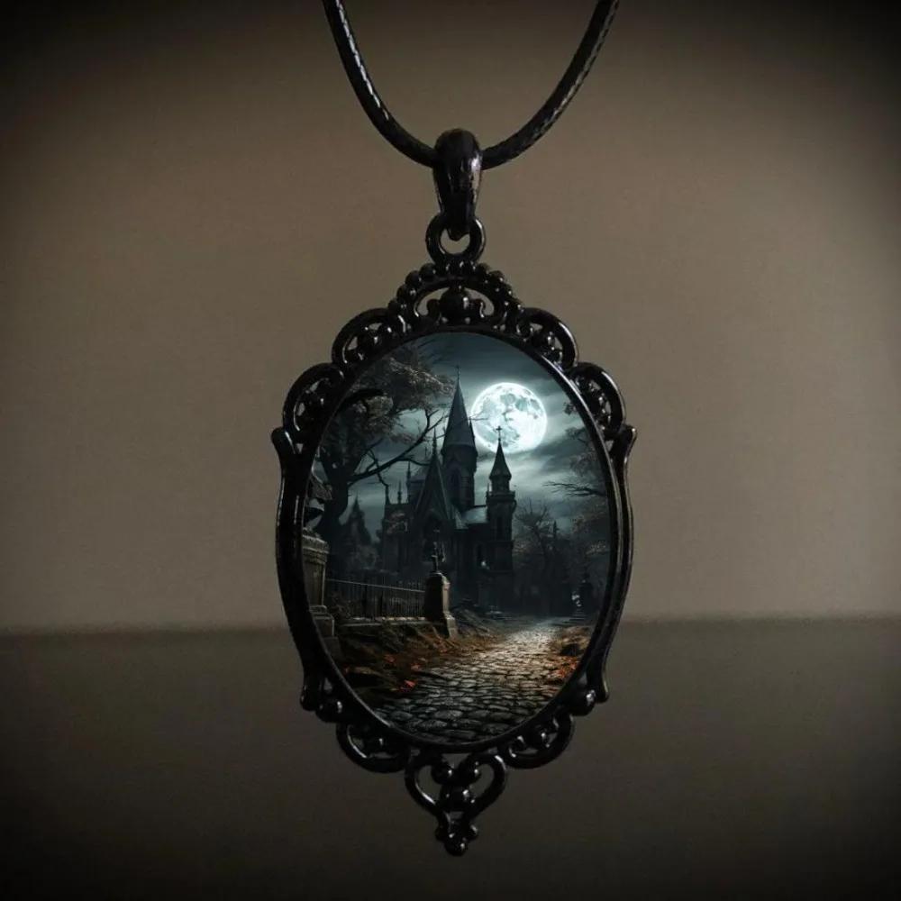 Gothic Black Oval Bat Castle Crow Cross Cemetery Vampire Pendant Leather Rope Necklace for Women Men Hallowmas Jewelry Gift