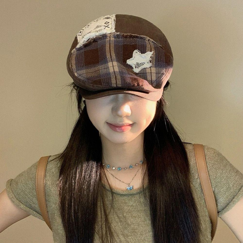 American Star Plaid Beret Y2k Painter Cap Trend Newsboy Cap  Outdoor