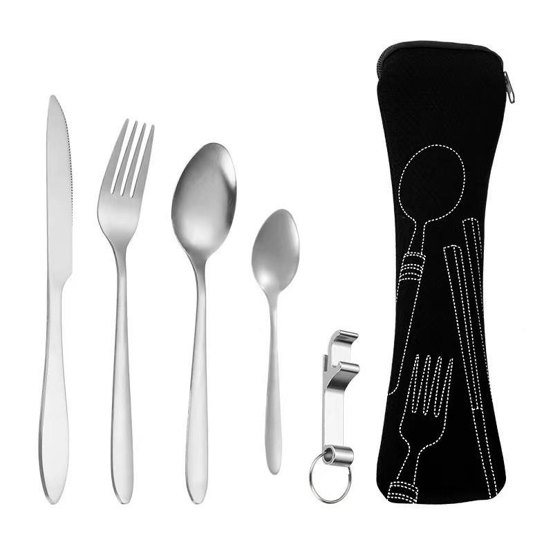 Tragbares Edelstahl-Besteckset - 5-teiliges Reisebesteck mit Messer, Gabel, Löffel und kleinem Löffel für Camping & Outdoor