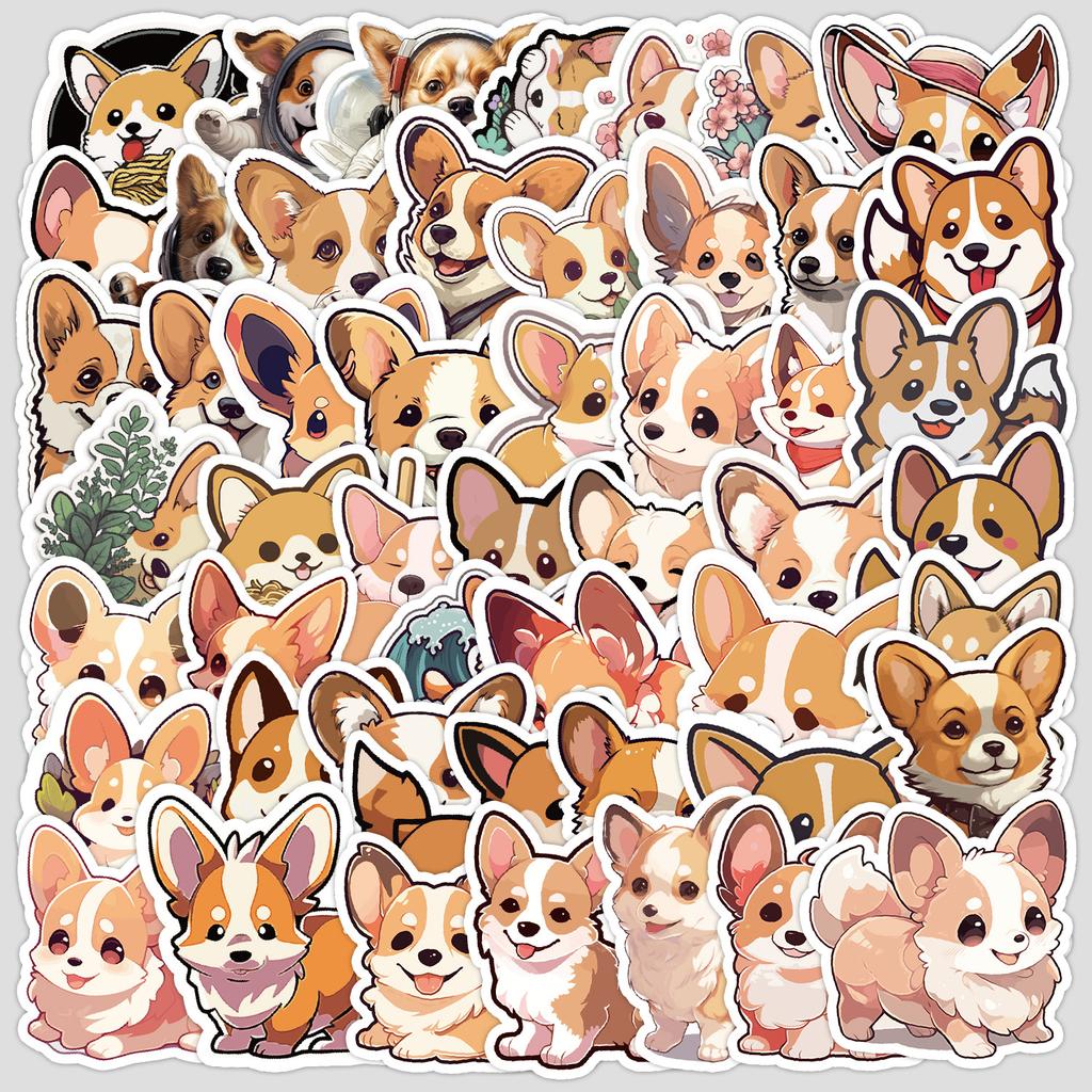 50 Pieces of Cartoon Corgi Dog Graffiti Stickers, Creative DIY Stationery Stickers, Waterproof Decorative Stickers for Mobile Phones and Computers