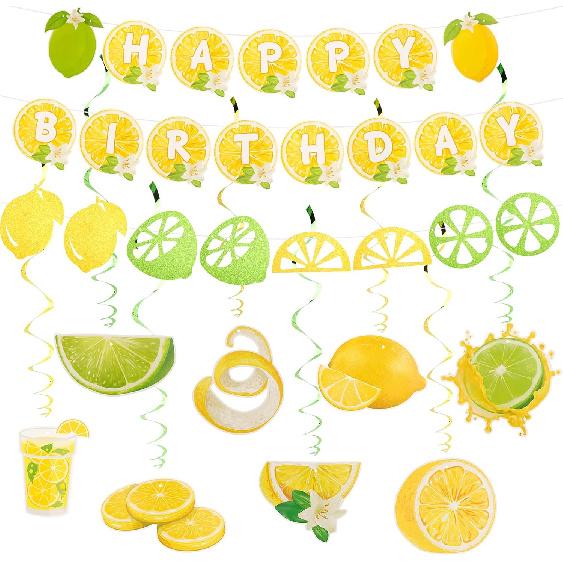 10pcs Lemon Birthday Decorations Set - Lemon Birthday Banner, Fruit Shape Hanging Swirl, Party Hanging Decor for Fruit Theme Party Favors