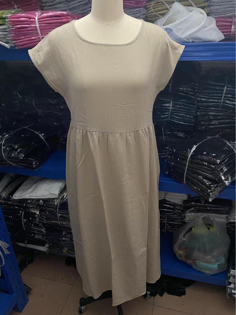 European and American Short-Sleeve Round Neck Cotton-Linen Long Dress with Pockets