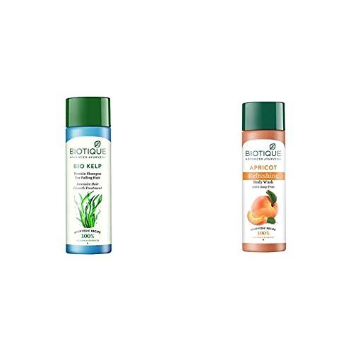 Biotique Bio Kelp Fresh Growth Protein Shampoo, 190ml & Biotique Apricot Body Wash, Transparent, 200 ml