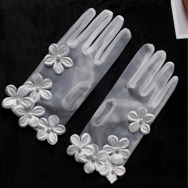 Elegant Lace Tulle Transparentes Bridal Wedding Party Dress Gloves Flower Sheer Short Summer Mittens Lolita Accessories