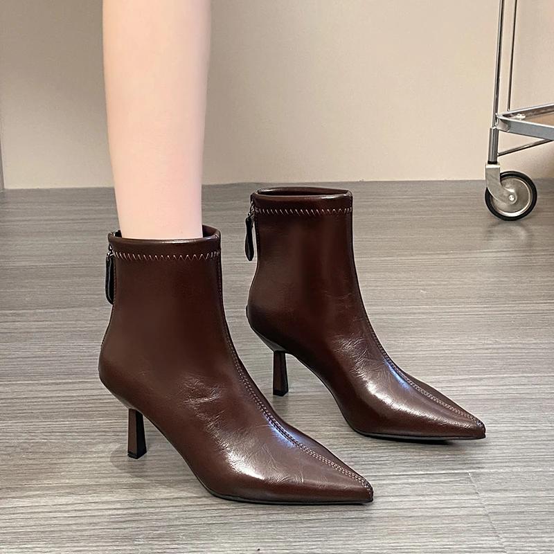 Pointed Toe High Heel Booties Women's Back Zipper 2026 Fall Winter Plus Fleece Versatile French Stiletto Fashion Boots