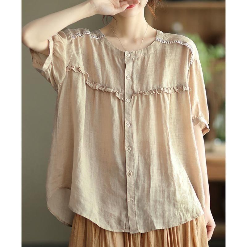 

Cotton Linen ort Sve irt Women Summer Thin Doll irt Lace Trim Linen Casual Top Loose Fit round Ne Polyester Blend S абрикосовий