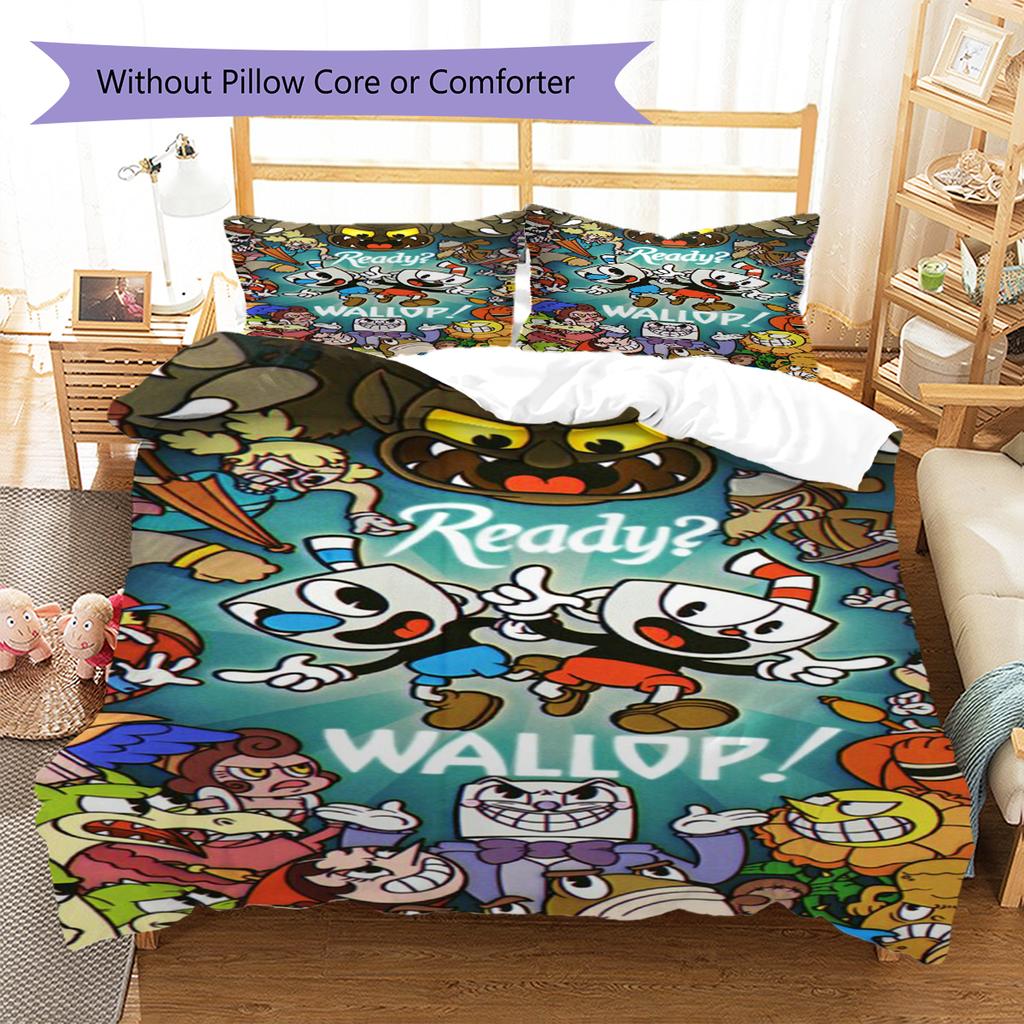 Cuphead Cute Cartoon Pattern Bedding,Quilt Set Quilt Cover Pillowcase Home Birthday Gift (1 * Duvet Cover + 2 * Pillowcase, Without Core)