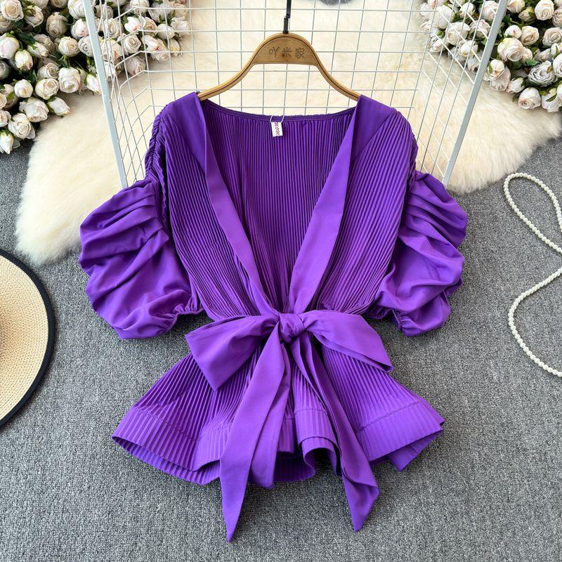 

Waist Trimming Lace up Pleated Atmosphere Socialite Tops Shirt Purple One size