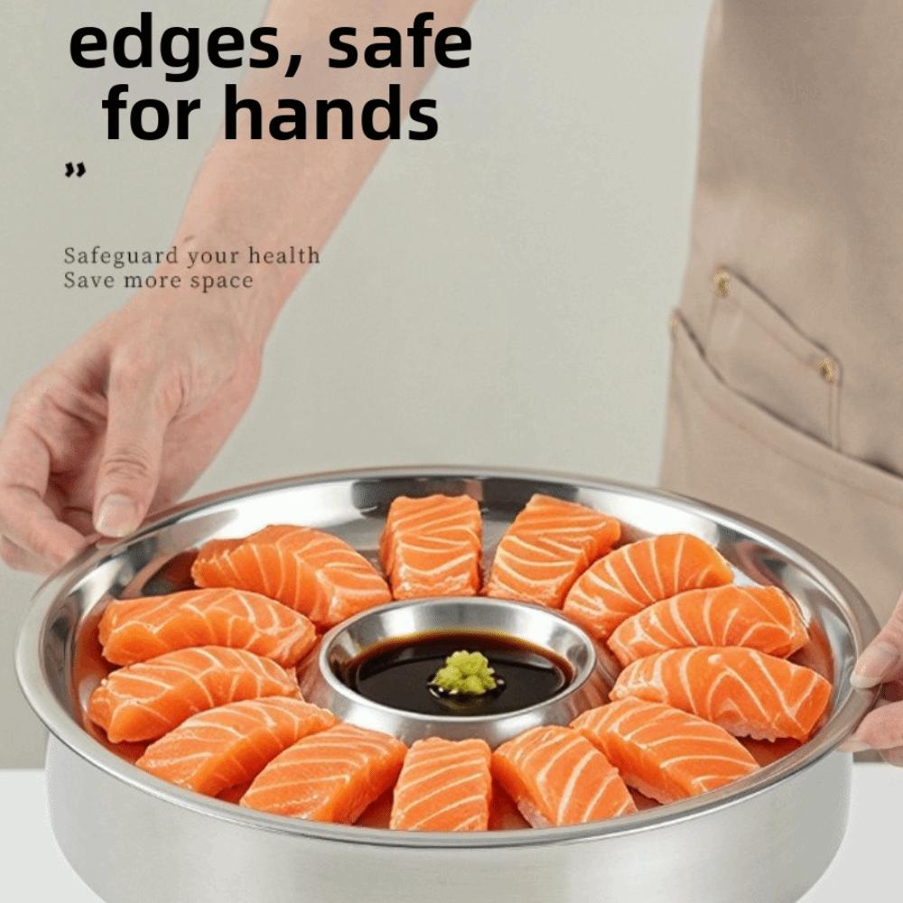 Sashimi-Eisplatte aus Edelstahl mit Dip-Schale Runde Lebensmittel-Display-Tablett Abnehmbare Kühlplatte Knödelplatte
