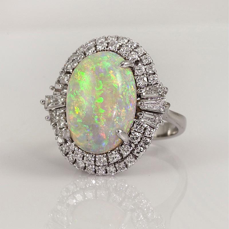 New Hot Sale: Large Copper-Plated Silver Ring with Inlaid Zircon and Artificial Opal