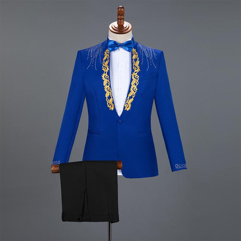 

Men s Sequin Stand Collar Performance Suit Set for Singer or Host XXL королевский синий