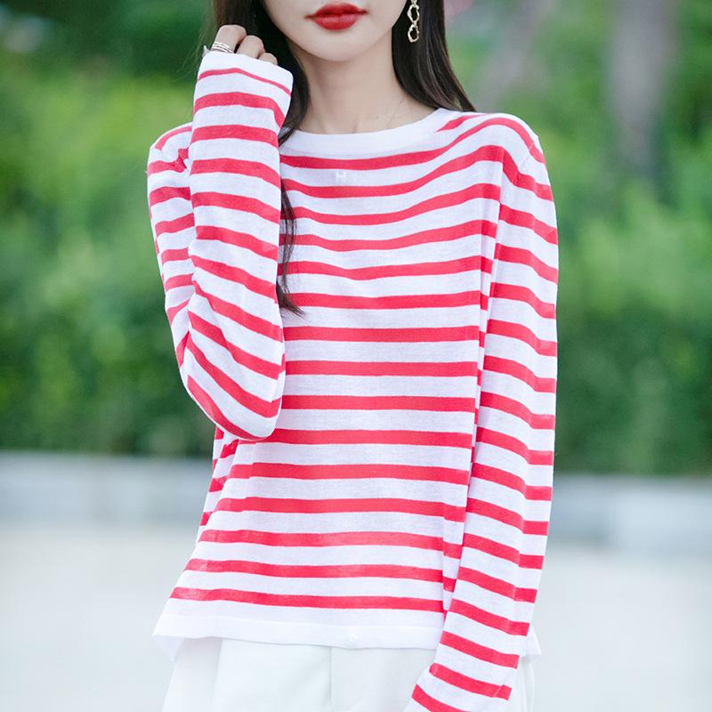 Spring New Style Round-neck Knitted Sweater, Long-sleeved, Color-blocked Striped Loose Pullover Base Layer