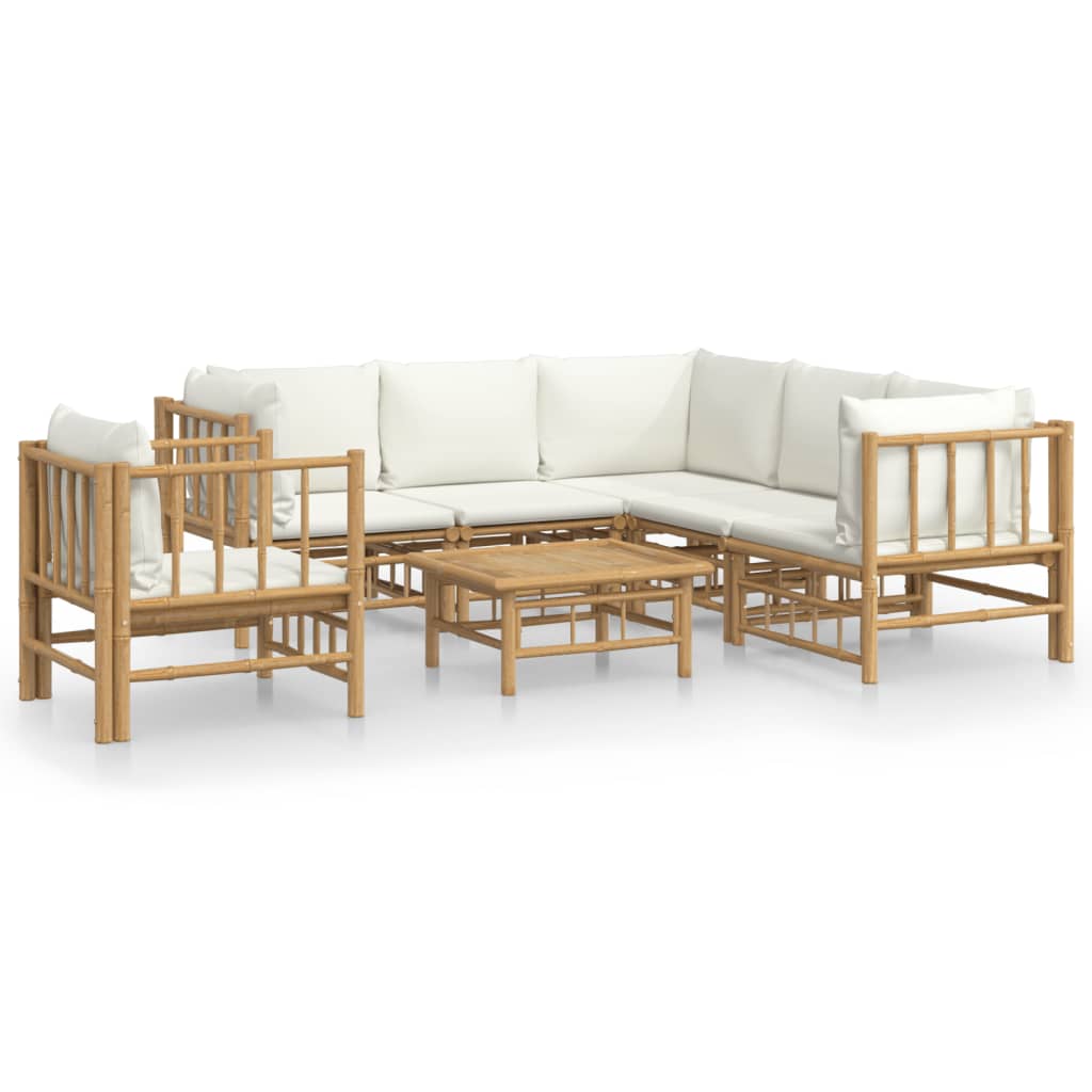 Vidaxl 7-Cz. Garden Furniture Set, Cream Cushions, Bamboo