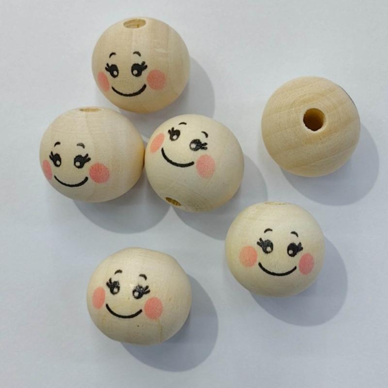 100pcs Wood Balls with Hole 20mm Smiling Face Head Ball Natural Wood Craft Bead for DIY Jewelry Making Macrames Handmade