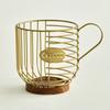 Metal Wire Cup Storage Basket with Wooden Base Coffee Mug Shape Hollow Out Organizer for Home Cafe Bar Countertop Kitchen Decor